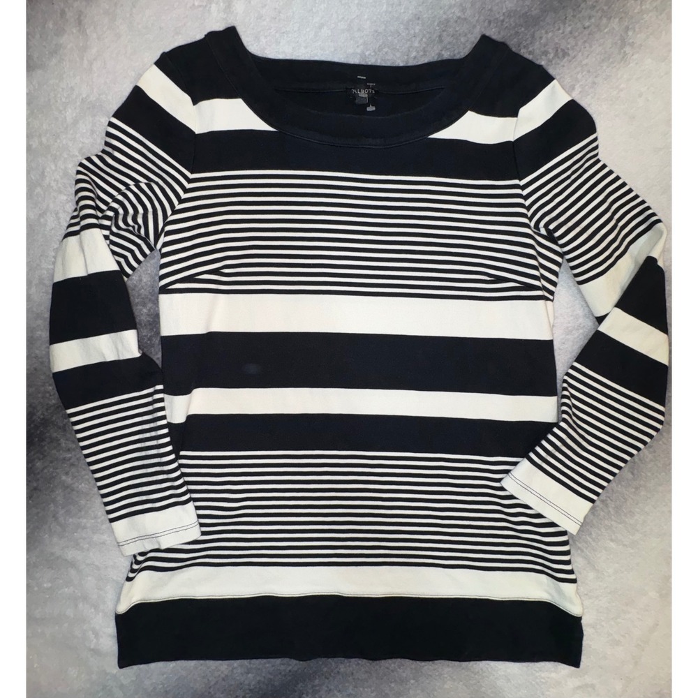 (B4) Talbots Womens Black Cream‎ Striped Cotton Boatneck Long Sleeve Top Size M